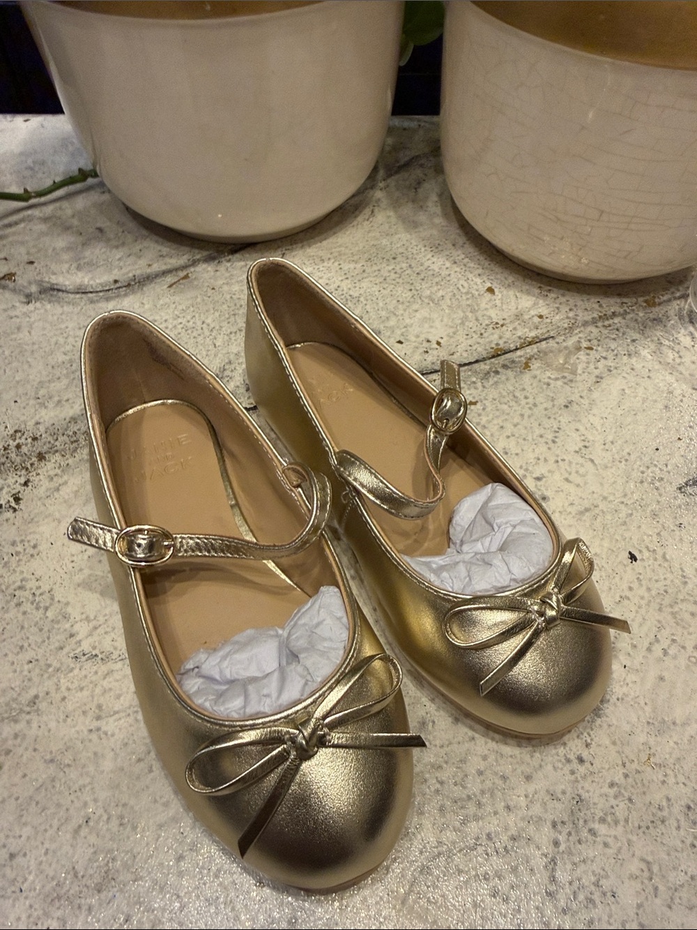Janie and Jack Girls Metallic Gold Mary Jane Flats with Bow Strap size 11
